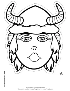 Female Viking with Horns Mask to Color Printable Mask